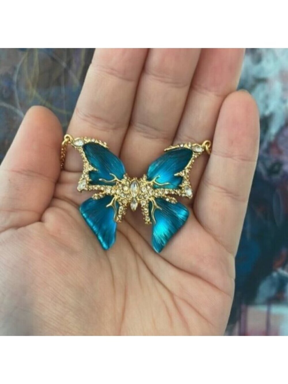 Alexis Bittar Blue Lucite Butterfly Necklace Crystal Gold Statement Pendant